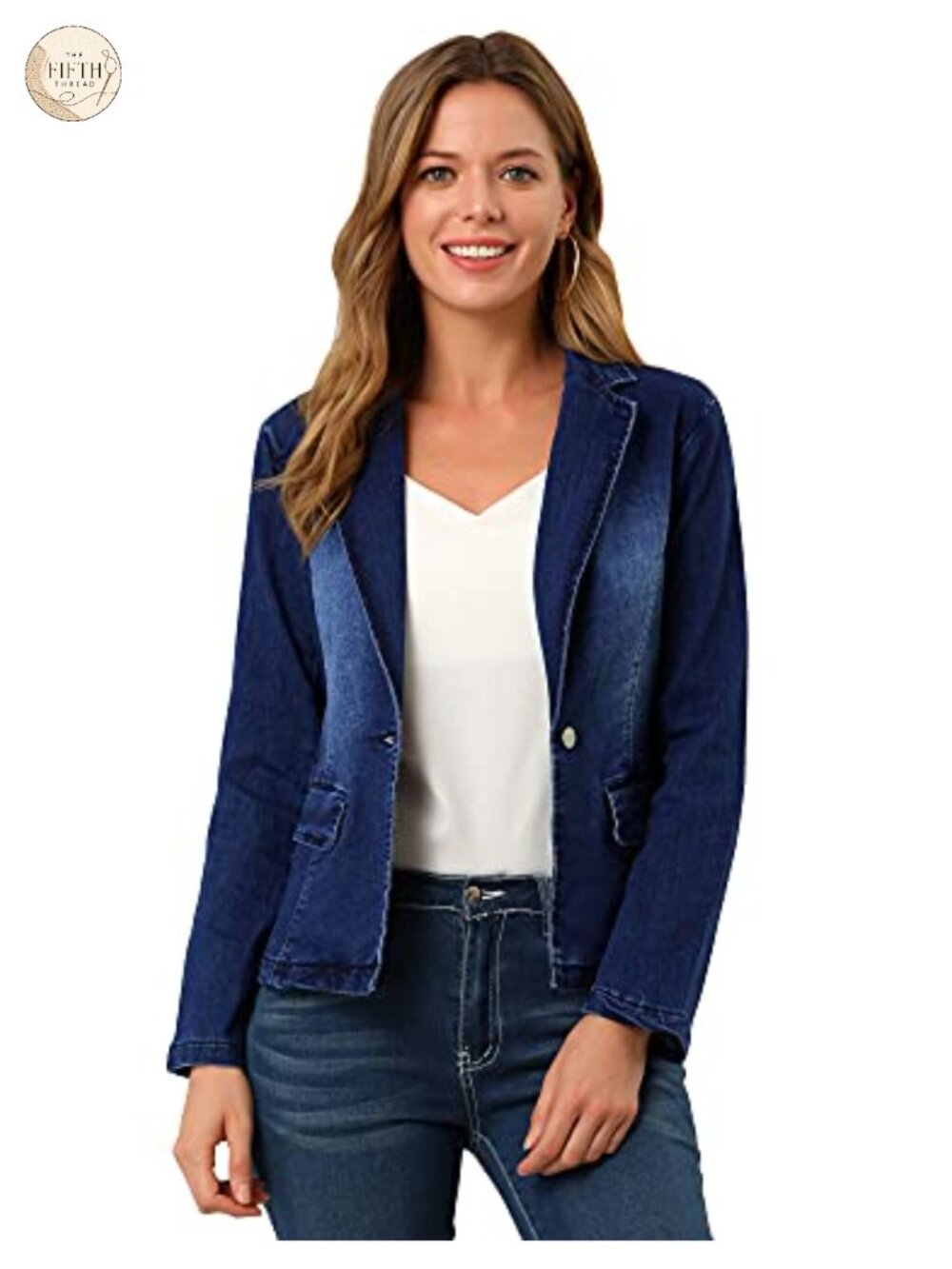 Washed Denim Blazer Notched Lapel Long Sleeve Fitted Tailored Business Casual
